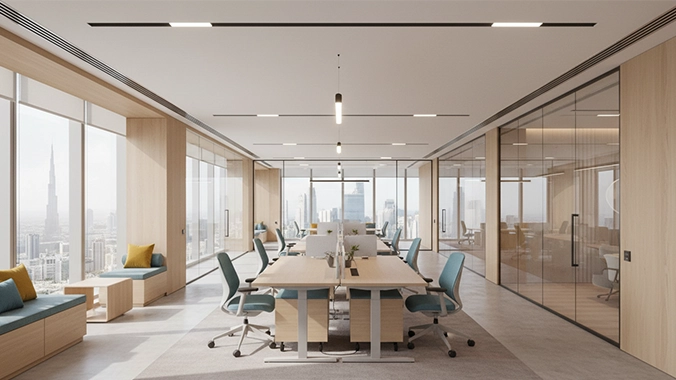 Modern commercial interior design in Dubai, UAE, featuring sleek furniture, stylish decor, and professional lighting.