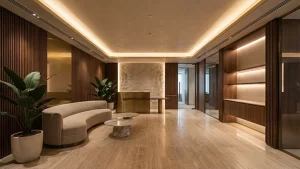 Modern interior fit-out with sleek furniture and stylish decor in a Dubai office.